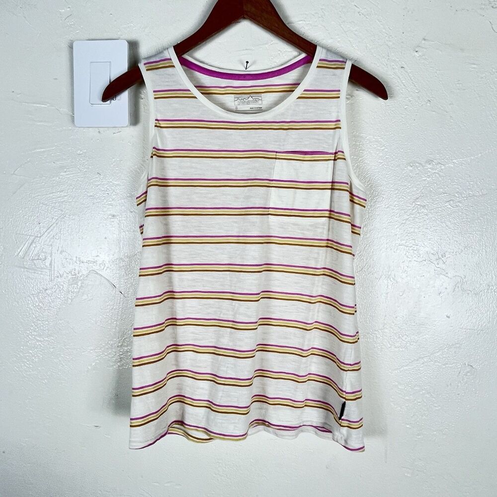 Patagonia Women’s Small Striped Sleeveless Tank Top Pocket White Pink Casual - Picture 9 of 9